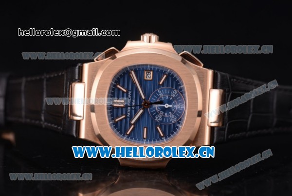 Patek Philippe Nautilus Clone PP 315 Automatic Rose Gold Case with Blue Dial Stick/Arabic Numeral Markers and Black Leather Strap (BP) - Click Image to Close